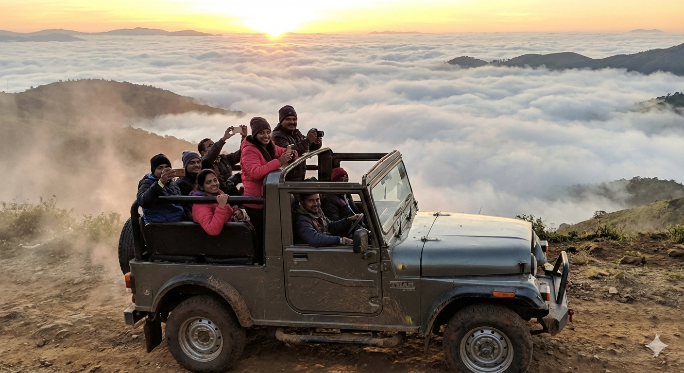 Guests on a 4x4 jeep ride above the clouds at sunrise